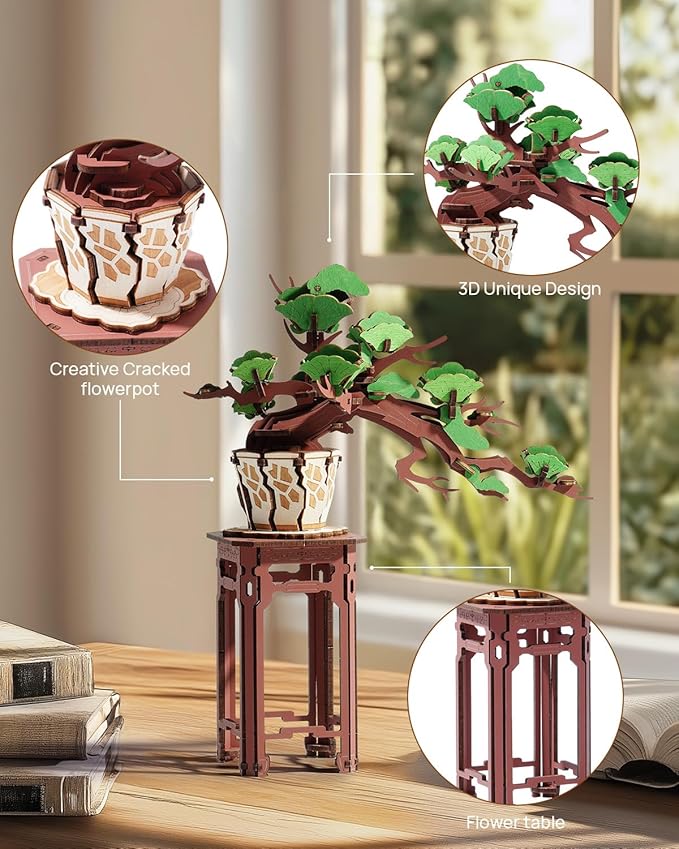 Rowood 3D Wooden Puzzles for Adults,DIY Pine Bonsai Tree Botanical Collection Building Set,Craft Kit Gift for Adults on Christmas Birthday ThanksgivingDay-Evergreen Pine Bonsai