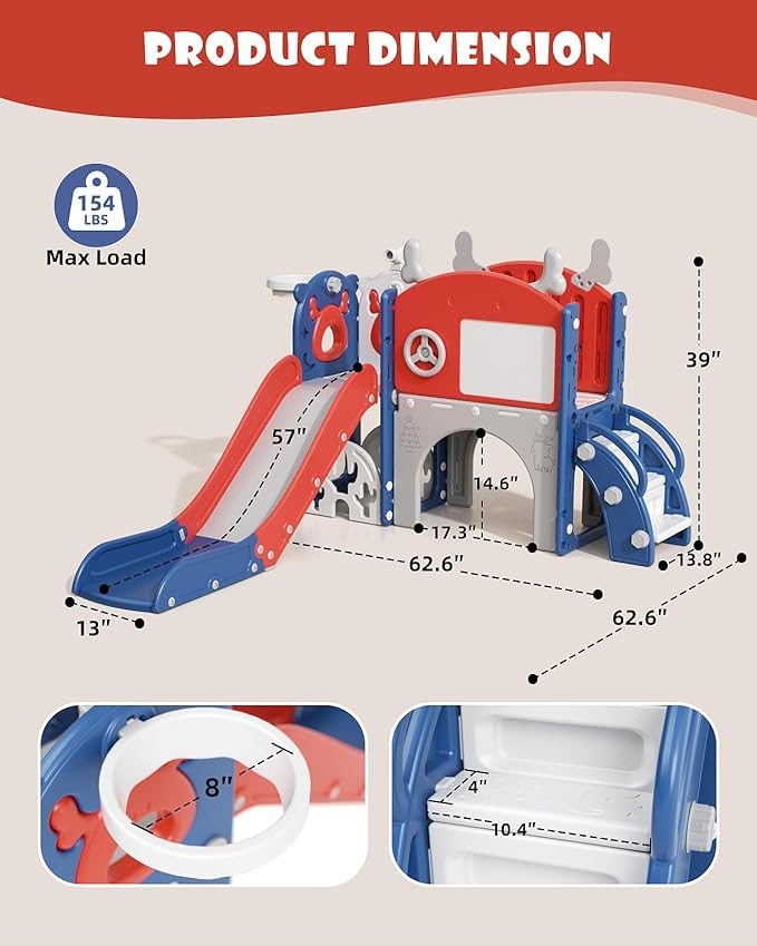 XJD Toddler Slide,12 in 1 Kids Slide for Toddlers 1-3, New Upgrade with Golf Set, Basketball Hoop, Drawing Board for Indoor Outdoor Playset,Toddler Playground (Red Blue)