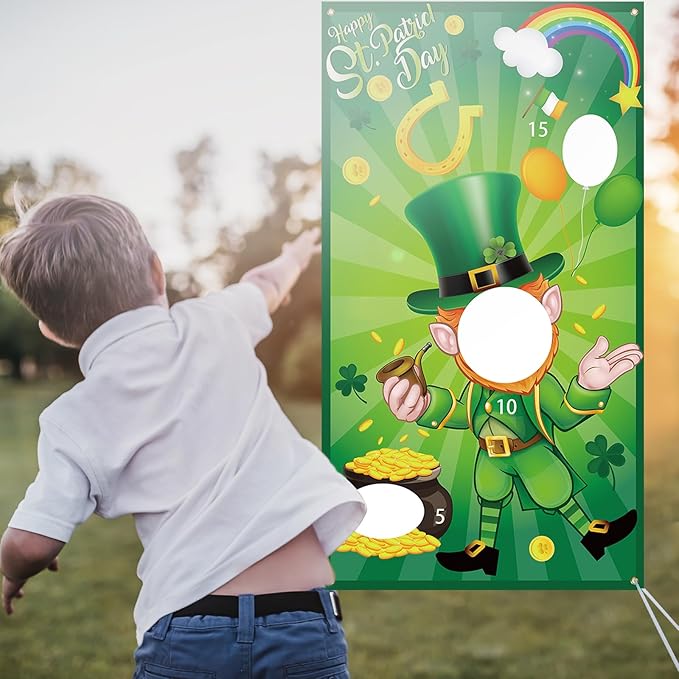 Skylety St. Patrick's Day Bean Bag Toss Game Party Favor Hanging Leprechaun Shamrock Toss Game Banner Photo Prop with 3 Bean Bags for St. Patrick's Day Party Supplies