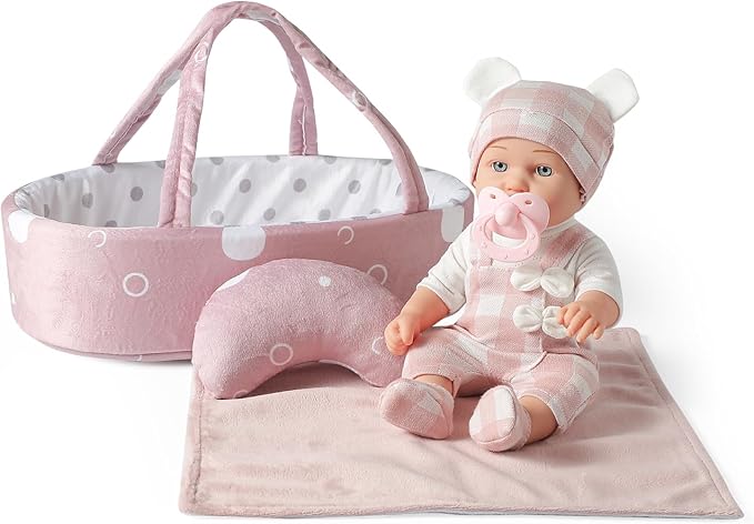 12 Inches Baby Doll Toys Set with Accessories, Includes Doll Carrier Bassinet Bed, Pacifier and Blanket, First Baby Doll for Toddler Girls Age 3+