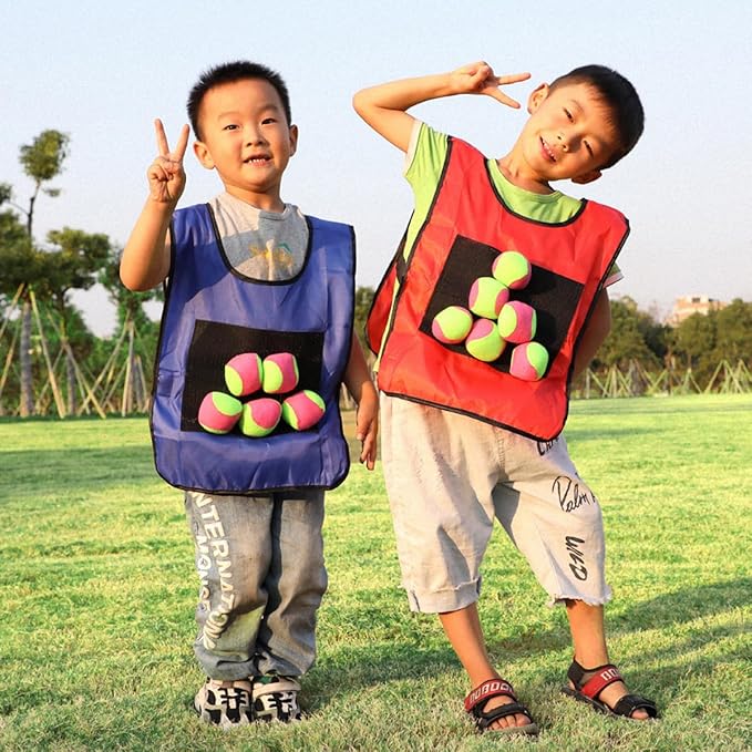 Dodgeball Target Game Set for Kids: 10 Soft Fleece Tag Balls with 2 Sticky Vests, 2-Player Game for Adult Indoor and Outside Play and Sports Activities Toys