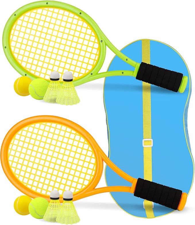 Kids Tennis Racket,17 Inch Plastic Tennis Racket with 2 Soft Balls,2 Tennis Balls and 4 Shuttlecocks for Kid,Toddler Outdoor/Indoor Sport Play