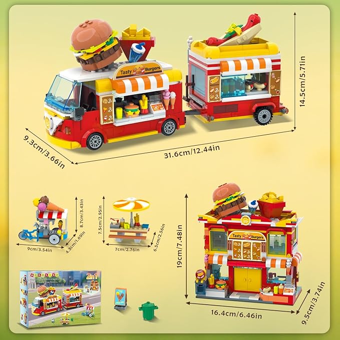HOGOKIDS City Burger Truck House Building Toy - 2 in 1 Burger Van and Restaurant Building Blocks Set Mobile Ice Cream Food Cart Tables Restaurant Playset Valentines Gift for Kids Boys Girls 6+(826PCS)
