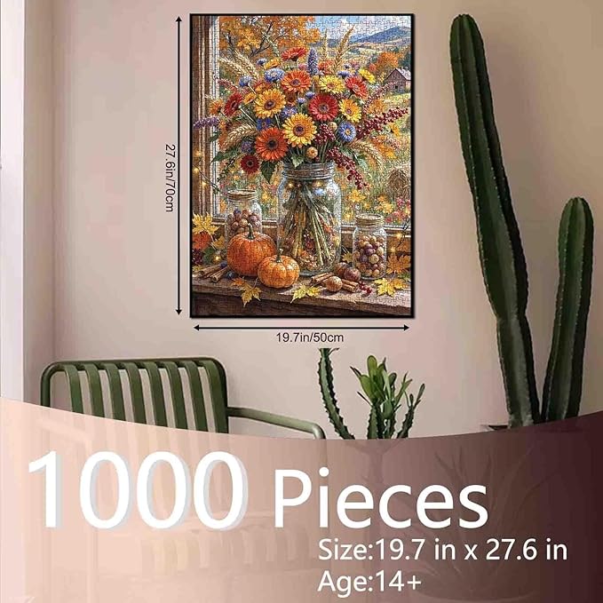 Sunflower Jigsaw Puzzle Adults 1000 Pieces Thanksgiving Pumpkin Puzzles Challenging Family Activity Games Fall Puzzles Living Room Wall Decoration Unique Gift 19.7 x 27.6 Inch