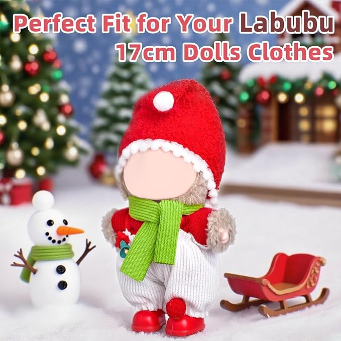 Clothes for Labubu 17cm Doll (NO Doll), 5 Piece Labubu Clothes Set, Cute Labubu Outfits with Accessories, Handmade Crochet La Bubu Doll Dress Up Set（Santa Claus）