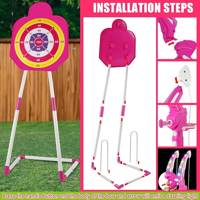 TWFRIC 2 Pack Bow and Arrow for Kids - LED Light Up Archery Set with 16 Arrows, 1 Standing Target & 2 Quivers - Fun Indoor/Outdoor Toy for Boys & Girls Aged 3-12 (Pink)