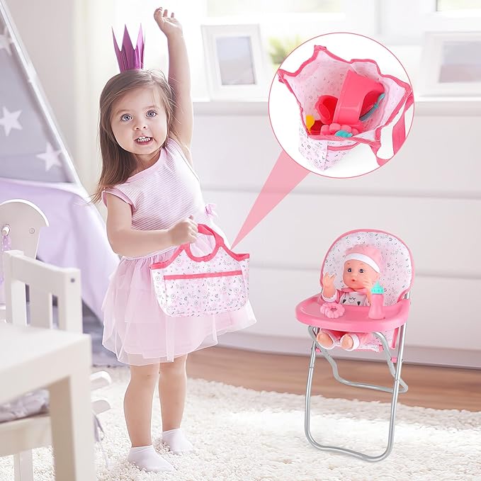 deAO Baby Doll Stroller Crib Bed Nursery Role Play Set Baby Doll Accessories and Play Mat,Travel Cot,Bouncer,Foldable Stroller and Travel Bag Birthday for Girls Boys Kids
