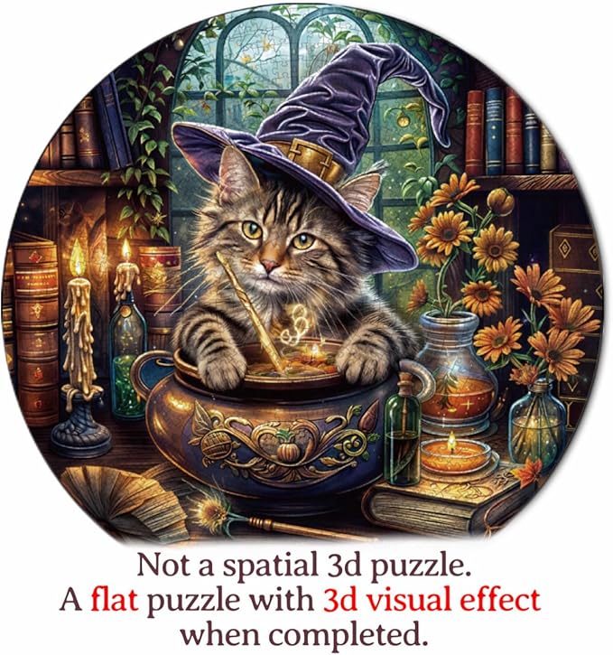 1000 Piece Puzzle for Adult, Magic Feline Art Jigsaw Puzzle 1000 Pieces, Impossible Challenging Fun Puzzle for Adult, Round 26.6 x 26.6 Inch Unique Difficulty Puzzle for Birthday Gift