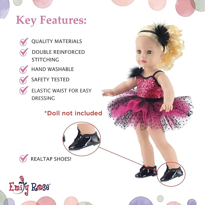 Emily Rose 18 Inch Doll Ballet Clothes Set - 4 PC Pink Ballerina Outfit Leotard, Tutu, Headband & Tap Shoes Set | Dance Recital Costume | Doll Not Included | American Girl Compatible