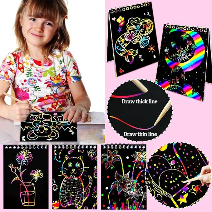 JUNQIU Scratch Paper Art for Kids, 2 Pack Bulk Rainbow Scratch Paper Crafts Toys for 3 4 5 6 7 8 9 10 Years Old Girls Kids Birthday Gifts