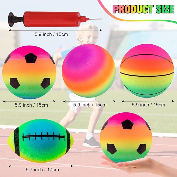 Rainbow Sports Balls, 8 Pack 8.5" Bounce Neon Playground Balls Soccer Basketball Football Sports Rubber Kick Balls for Indoor Outdoor Activities Birthday Gift