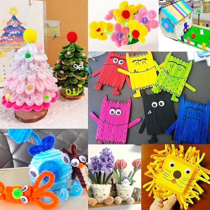 Craft Kids Art Supply Set, with Foam Pom Poms, Craft Sticks, Artificial Roses, Googly Eyes, Rainbow Colors, Perfect for Children Activities and DIY Projects