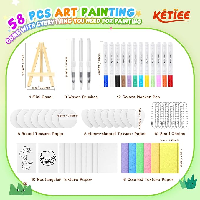 KETIEE Magic Puffy Paint: 58Pcs Magic Foam Texture Painting Kit, 3D Drawing DIY Art Set Include 32Pcs Foam Texture Paper,12 Colors Acrylic Marker Pen,3 Soft-tip Water Brush Pen, Magical Puffy Painting