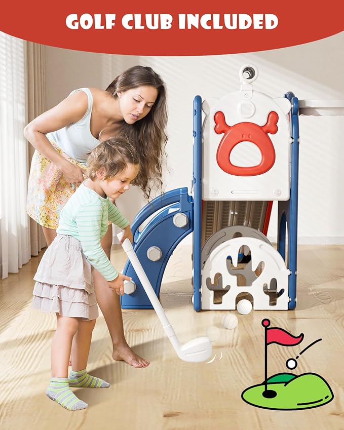 XJD 7 in 1 Toddler Slide, Kids Indoor Slide for Toddlers 12-36 Months, New Upgrade with Golf, Basketball Hoop for Indoor Outdoor Playset,Birthday Gifts for Toddler (Blue Red)