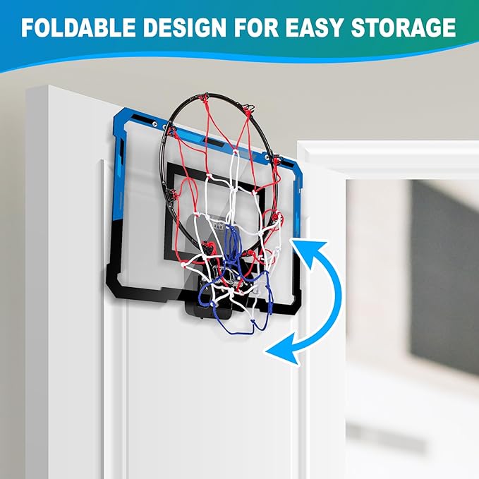 Basketball Hoop Indoor for Kids Adults with Scorer with 2 Scoring Methods, Door Room Basketball Mini Hoop with 3 Batteries and Balls, Basketball Accessories for Teen Boy Gifts, Blue