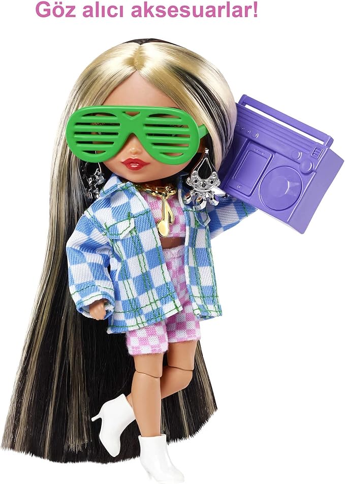 Barbie Extra Minis Doll #2 (5.5 in) Wearing Checkered 2-Piece Fashion & Jacket, with Doll Stand & Accessories Including Shutter Sunglasses and Boombox, Gift for Kids 3 Years Old & Up