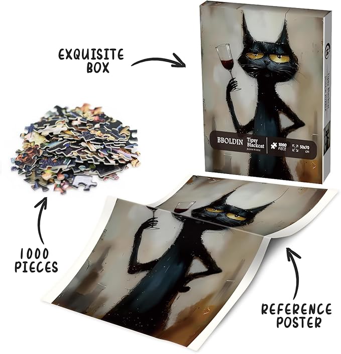 Black Cat Wine Puzzle for Adults 1000 Piece, Vintage Funny Kitten Jigsaw Puzzle Animal, Abstract Art Difficult Challenging Puzzle