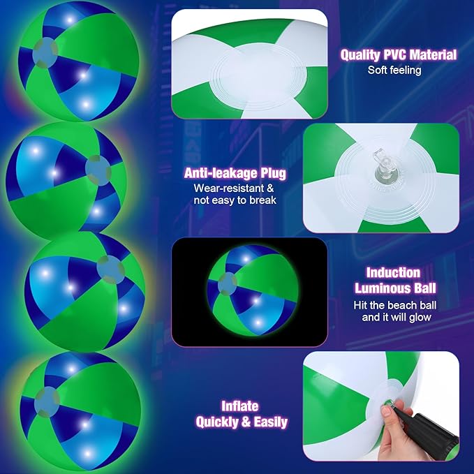 12 Pcs Light up Beach Balls 16'' Jumbo Pool LED Balls Glow in The Dark Neon Giant Inflatable for Summer Hawaiian Tropical Theme Beach Party Decor Water Accessory (Green)