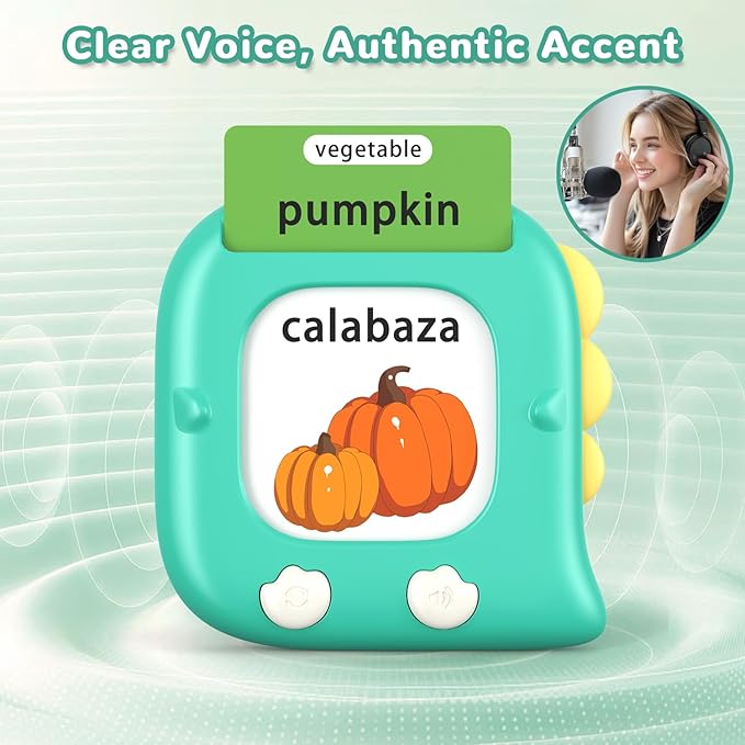 Kidzdo 520 Spanish English Talking Flashcards for Toddlers 2 3 4 5 6 Years Old, Birthday Present Easter Gift for Boys and Girls, Pocket Speech Therapy Toys Helps Language Speaking, Green