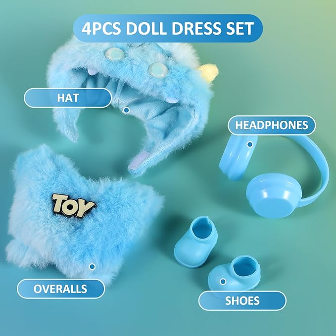17cm Doll Clothes Set for Labubu Dress Up,Cute Outfit ,4 Piece Hat Overalls Headphones Shoes Dolls Clothing Accessories(NO Doll) (Blue)