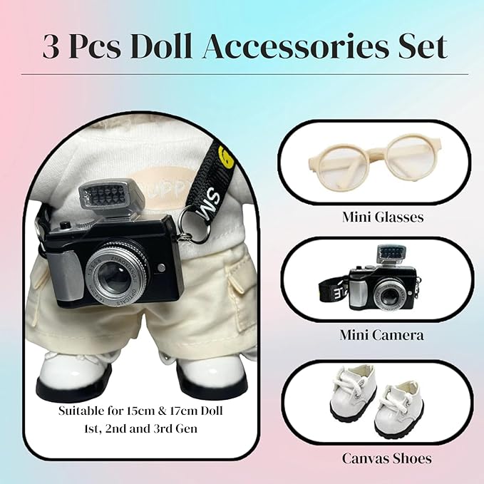 3pcs Doll Accessories Set Included Mini Glasses, Camera and Shoes for 17cm Doll, Dress Up Accessories Mini Costume Supplies for for 6.7 Inches Dolls (Set of White)