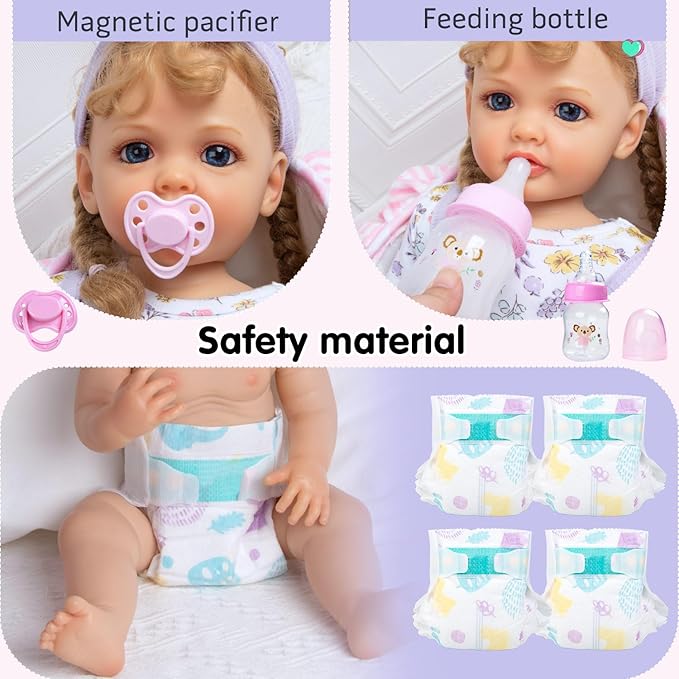10 Pcs Reborn Baby Doll Clothes with Bassinet for 17-22 Inch Reborn Dolls, Baby Girl Doll Outfits Floral Dress Newborn Baby Doll Accessories Set - Feeding and Caring Set with Bottle Magnetic Pacifier
