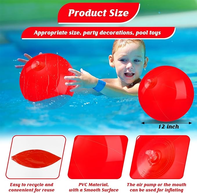 10 Pack Red Beach Ball - 12Inch Blow Up Beach Ball Party Supplies for Kids, Inflatable Floating Balls for Summer Pool Parties, Outdoor Activities & Birthday Decorations(Red)