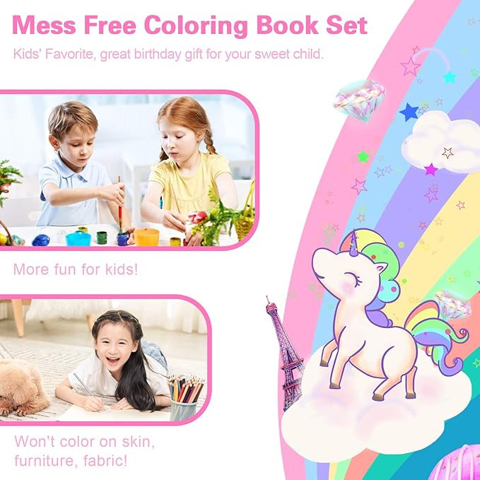Unicorn Coloring Book Set with Coloring Pages & Colored Pencils, Art Supplies for Kids Ages 4-6-8, Arts Crafts Travel Coloring Kit for Girls 4 5 6 7 8 Year Old Birthday Gifts