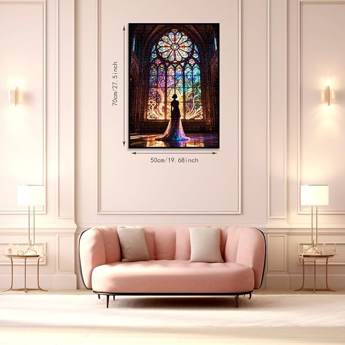 Cathedral Stained Glass Jigsaw Puzzle 1000 Pieces for Adults - Neon Light Effect Puzzle, Impossible Challenge Puzzle Decorative Wall Art for Living Room, Unique Gift 50x70cm (19.7x27.56in)