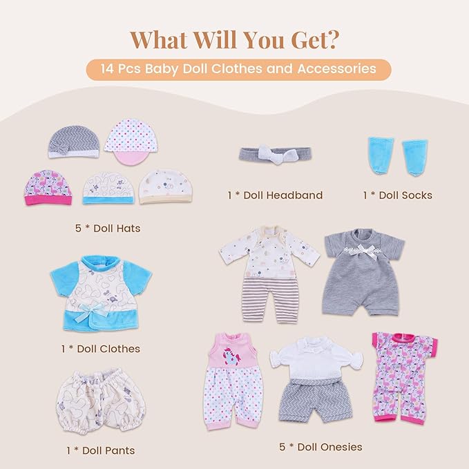 BABESIDE 6 Sets of Baby Doll Clothes for 12-15 Inch Babydolls, 14 Pcs Dolls Clothes and Baby Doll Accessories with Hats, Pants, Headband and Socks, Pretend Play Toys for Kids 3+