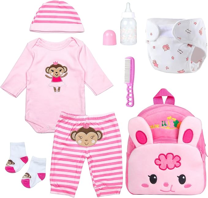8 Pcs Reborn Baby Doll Clothes with Backpack for 17-22 Inch Baby Doll Girl Pink Outfits Reborn Dolls Accessories