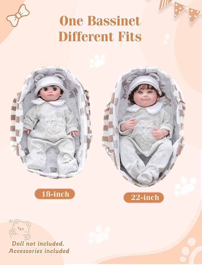 10 Pcs Baby Doll Accessories, Reborn Baby Doll Clothes with Bassinet for 17-22 Inch Realistic Baby Dolls, Pretend Play Outfit Set
