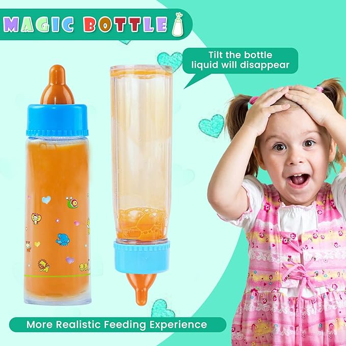 SCOM Baby Doll Bottle Accessories - 6 Pcs Feeding Bottle Toys, Magic Disappearing Milk & Juice, Pretend Play Set with Pacifiers Kids Gift Light Green