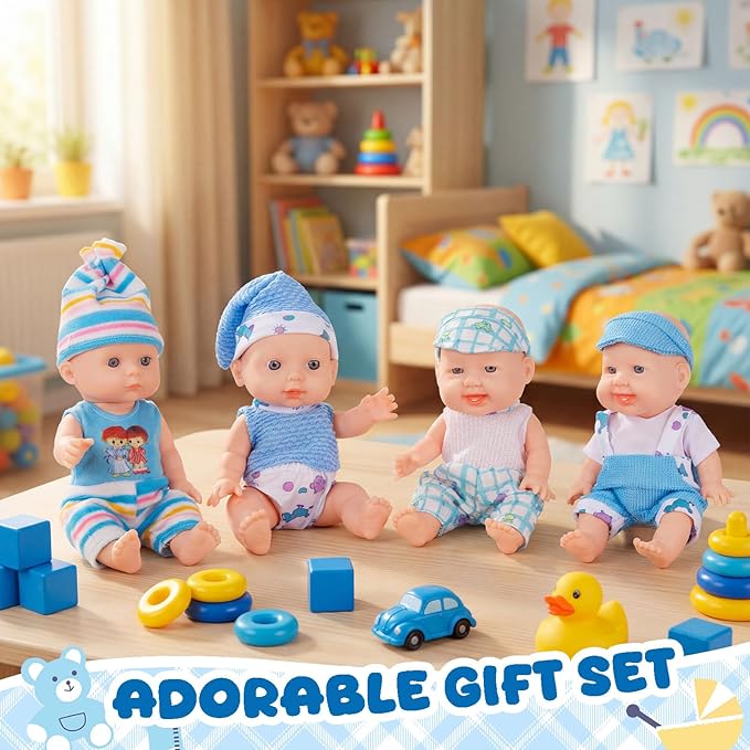 Halloscume 7 Inch Mini Baby Mini Reborn Doll Vinyl Full Body Lifelike Dolls Baby with Weighted Cloth Reborn Gift Set for Kids, Gifts for Christmas Kids(4 Pcs,Happy)