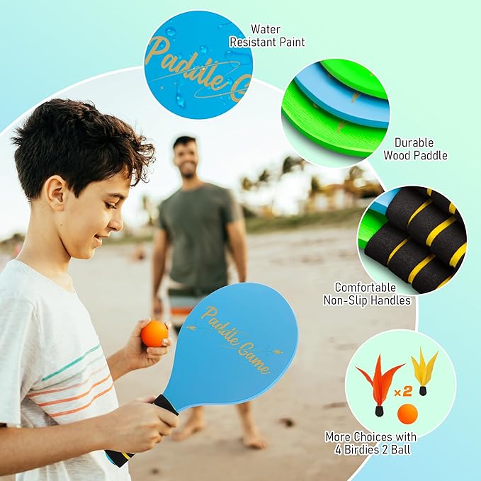 2-in-1 Beach Paddle Ball and Toss Catch Ball Game Set, Summer Outdoor Toys for Kids Adults, Family Yard Lawn Beach Pool Park Games, Outside Sports Easter Basket Stuffers Gifts for Boys Girls