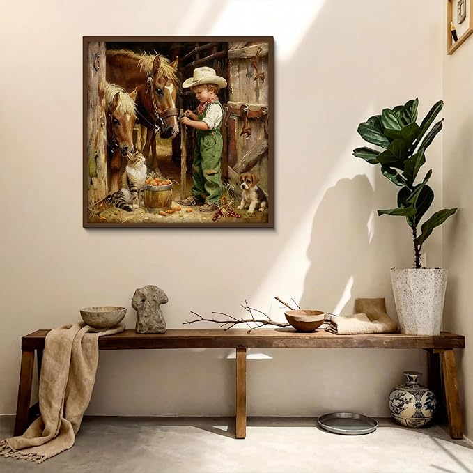 Country Farm Animals Puzzles for Adults 1000 Pieces, Vintage Cowboy Boy with Horses, Cat, Puppy Scene Jigsaw Puzzle, Challenging Rustic Barn Farmhouse Art Puzzle