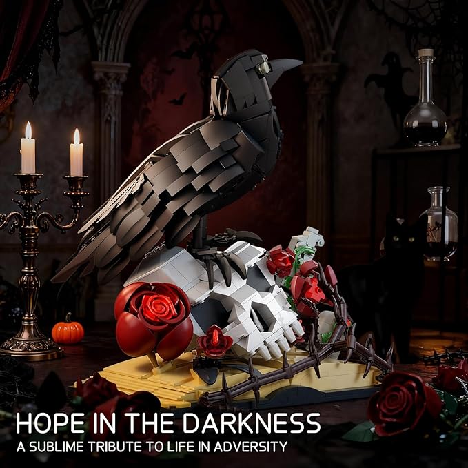 Gothic Raven & Skull Art Building Set, Skull Decor Features Ravens, Skulls, Roses, Crosses, and Books - Eye-Catching Table Centerpiece, Holiday or Birthday Gift for Adults & Kids Ages 8+ (758 PCS)