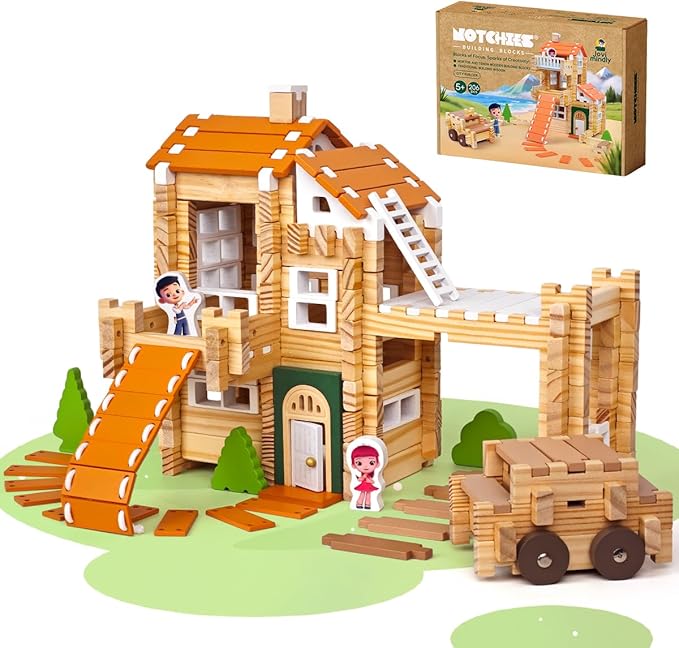 Jovi-mindly＆Notchies New 206 PCS Wooden Blocks Wooden Toys with House and Car, Preschool Learning Toys Wood Blocks Building for Kids Ages 4-8 Creative Construction Game,Easter Toys Gifts