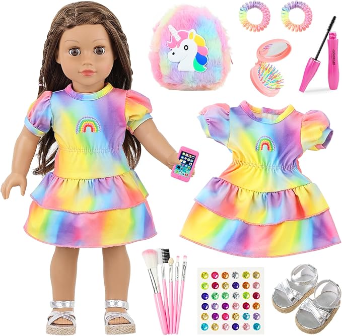 K.T. Fancy 18 Inch Doll Clothes and Accessories - Dress Makeup Set -Included Skirt, Backpack, Headband, Cosmetic Brush, Mini Phone, Mini Comb, Stickers & Shoes（NO Doll）