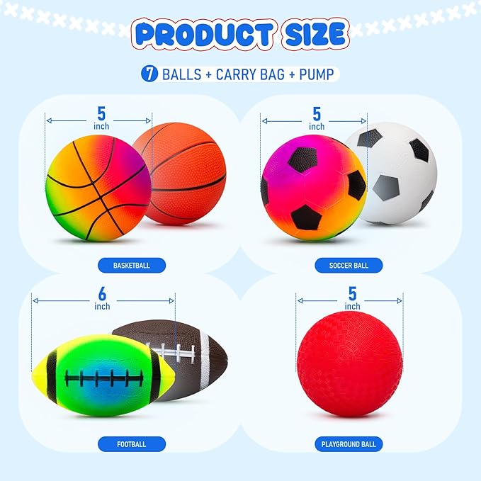 EVERICH TOY Balls for Toddlers 1-3, 7 Pcs 5" Playground Balls for Kids, Soft Rubber Small Sports Ball Set with Football, Basketball, Soccer, Indoor Outdoor Toddler Toys Games Gifts for Boys Girls