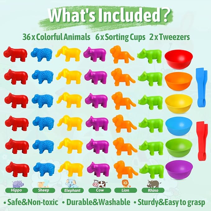 RAEQKS Counting Sorting Toys Matching Stacking Toys with Bowls Preschool Learning Activities Educational Sensory Game Montessori STEM Toy Daycare Sets Animals Gifts for Toddlers Kids Boys Girls