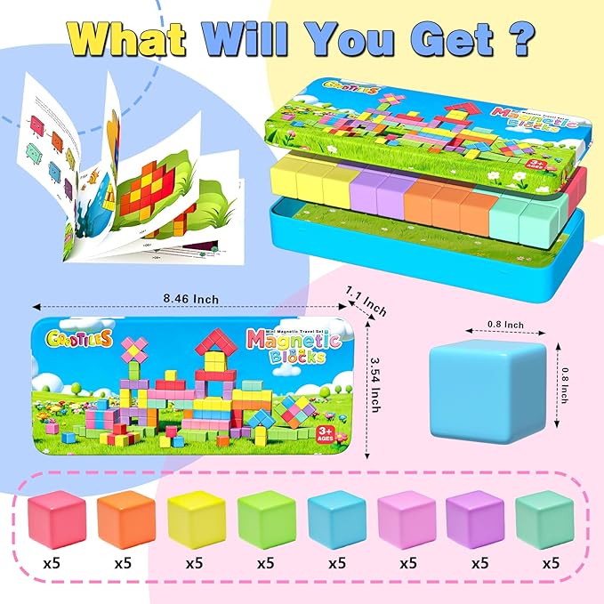 Mini Magnetic Blocks, Travel Outdoor Toys for Kids Ages 3-5 4-8, Magnet Cubes with Iron Box, STEM Montessori Sensory Building Toys, Ideal Gifts for Toddlers Boys Girls Birthday