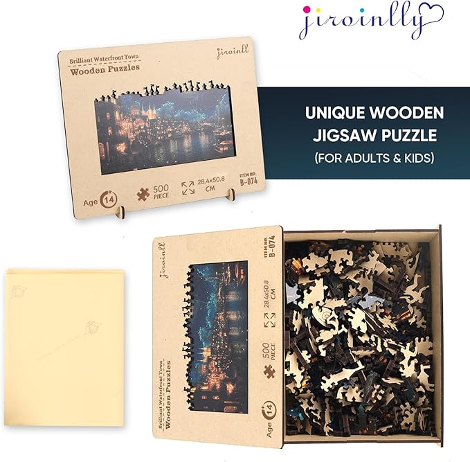 Jiroinlly Wooden Puzzles for Adults 500 Pieces, Brilliant Town, 5MM Thick Adult Jigsaw Puzzles, Unique Shaped Puzzle for Family and Friends, Home Wall Decor, Exquisite Packaging Gift, 11.2x20 in