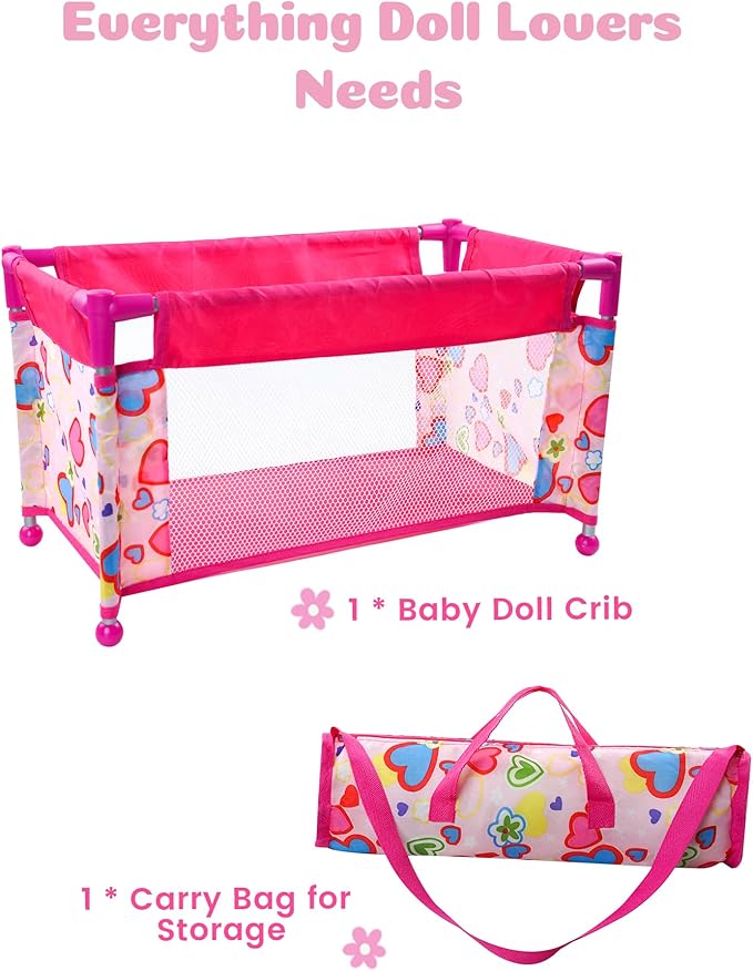 BABESIDE Baby Doll Crib for 18" Reborn Dolls,Baby Doll Bed with Storage Bag, Reborn Babydolls Accessories for Age 3+,Doll Crib Playpen for Kids Age 3+,Pink