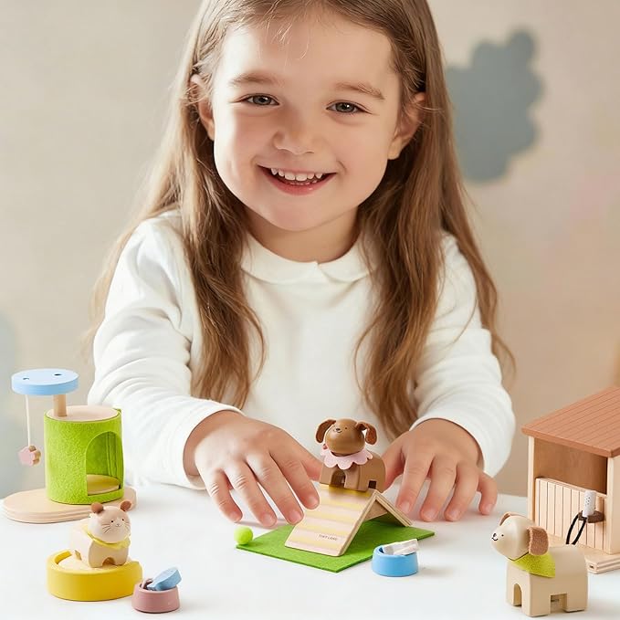 Tiny Land Wooden Dollhouse Animal Set for Toddlers, Dollhouse Accessories & Dolls House Furniture Sets for Toddlers, Montessori Pretend Play Family Pets Set Toys, Gift for Kids Age 3+