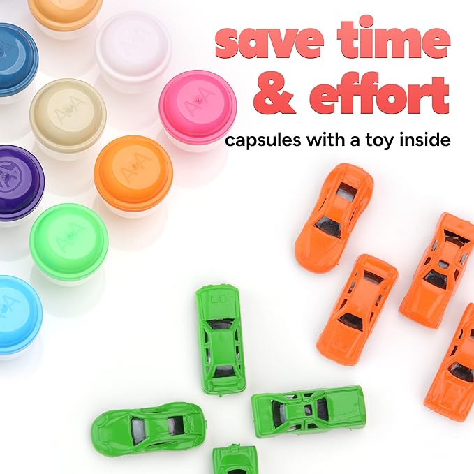 Entervending Racing Car Toys in Capsules - 250 Pcs - 1.1 Inch Plastic Capsules with Mini Racing Cars Toys for Kids inside - Bulk Easter Basket Stuffers Classroom Prizes