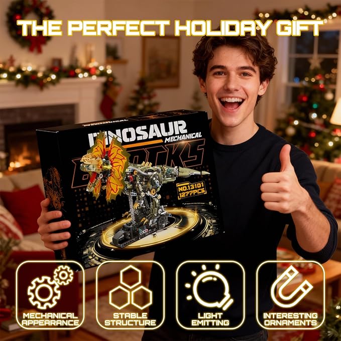 1277 Pcs Mechanical Dilophosaurus Building Blocks Set Steampunk Dinosaur Model with LED Eyes and Manual Linkage Robot STEM Display Gift for Adults& Teens