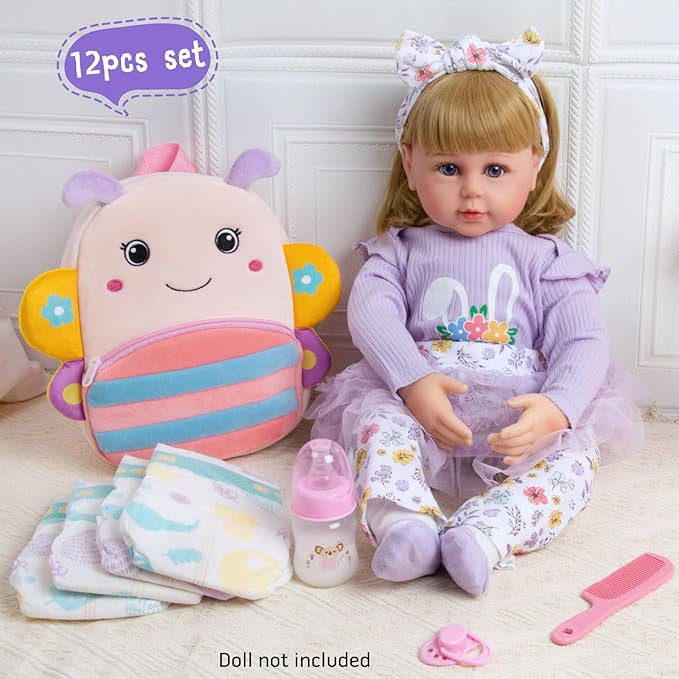 17-22 Inch Reborn Baby Doll Clothes with Cute Backpack Reusable Diapers Doll Accessories Set Newborn Girl Dolls Outfits Silicone Doll Clothing 12 Pieces
