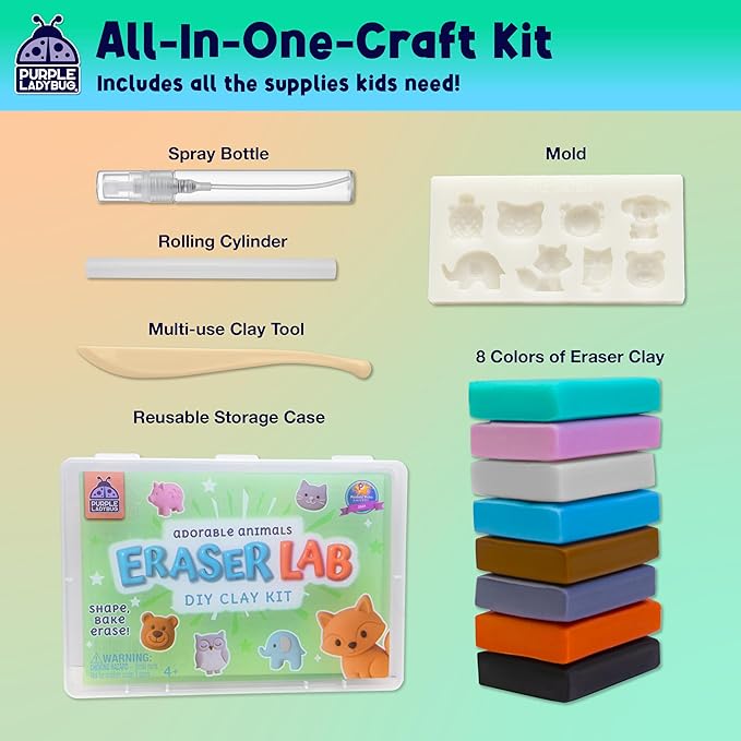 DIY Clay Cute Mini Eraser Kit for Kids - Birthday Gifts for 4 5 6 7 8 9 10 11 12 Girls & Boys - Students Desk Pet Animals Make Your Own Erasers Kit, Arts and Crafts for Kids Ages 8-12 4-8