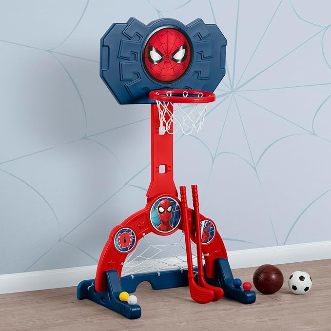 Delta Children Marvel Spider Man 4-in-1 Sports Center – Adjustable Easy Score Basketball Hoop, Soccer/Hockey Net and Golf Game, Red/Blue